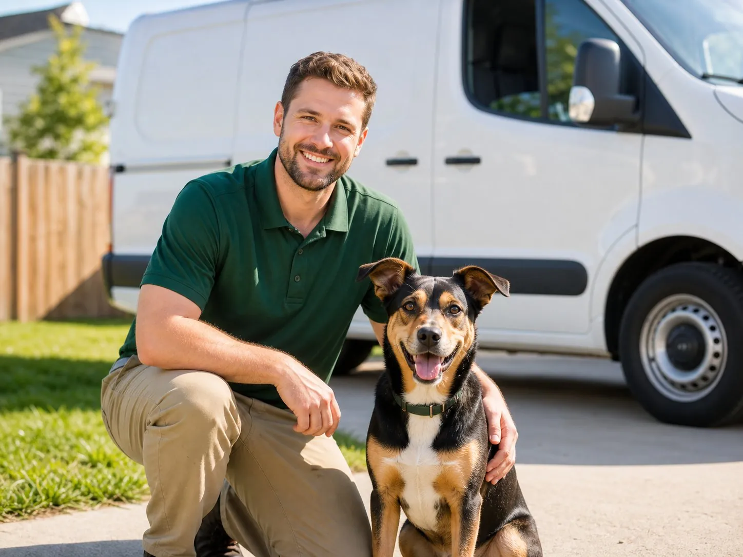 TidyTails founder with a dog beside a service vehicle